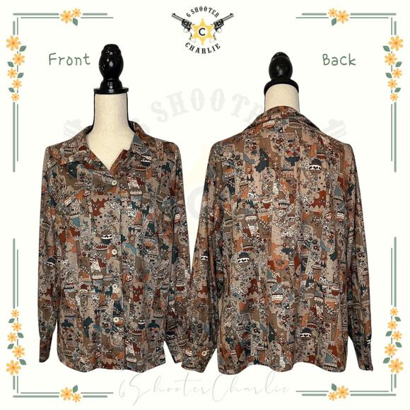 Vintage 70s American Handmade Top Long Sleeves Allover Abstract Print Size Large - Picture 1 of 5